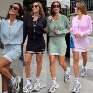 Ensemble femme 3 pièces – jupe, veste et crop top – style sportif et tendance